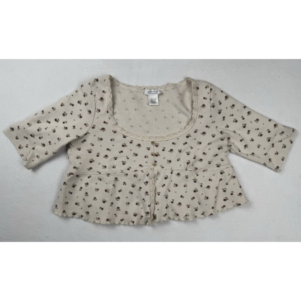 Kirious Floral Waffle Knit Top Womens Large Cream Peplum Cottagecore